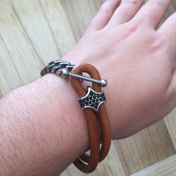 men’s Brown leather chain link rhinestone bracelet - Picture 4 of 4